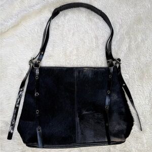 Plinio Visona Black Leather Shoulder Bag Italian Calf Hair Patent Grommet Goth